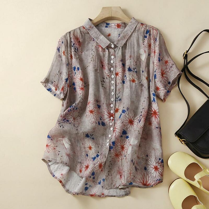 Camisa feminina solta com bolso, manga curta com lapela, textura macia, coleção casual, verão
