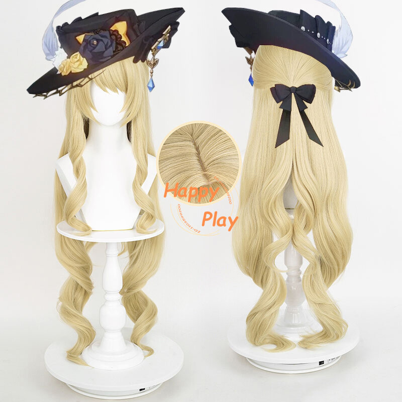 Fontaine Navia Wig Cosplay wanita, Wig Anime sintetik tahan panas + topi Wig emas Linen keriting panjang 95cm
