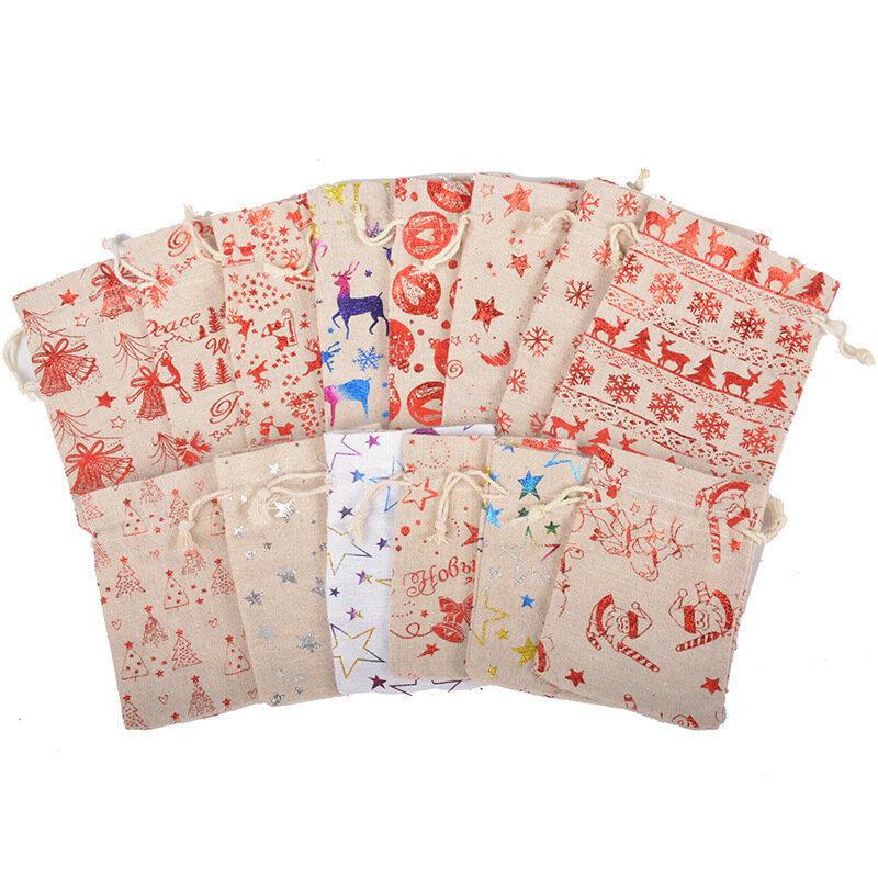1PC Linen Christmas Cotton Bags 10x14CM Candy Gifts Jewelry Packaging Bags Party Drawstring Gift Bag & Pouches