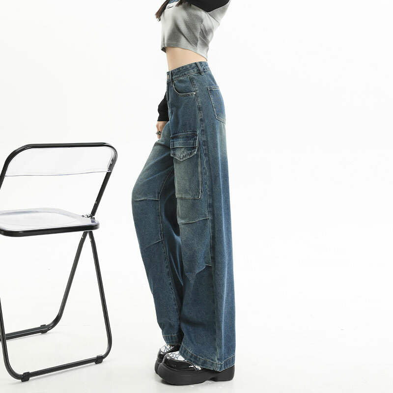 بنطلون جينز فضفاض بخصر عالٍ للسيدات مع جيوب ، بنطلون بأرجل واسعة ، ملابس هاراجوكو جرونج ، بنطلون Y2k ، موضة