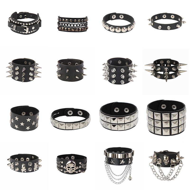 Pulseira de couro PU cravejada para homens e mulheres, pulseira punk, punho gótico ajustável, pulseira de fivela gótica, 2022