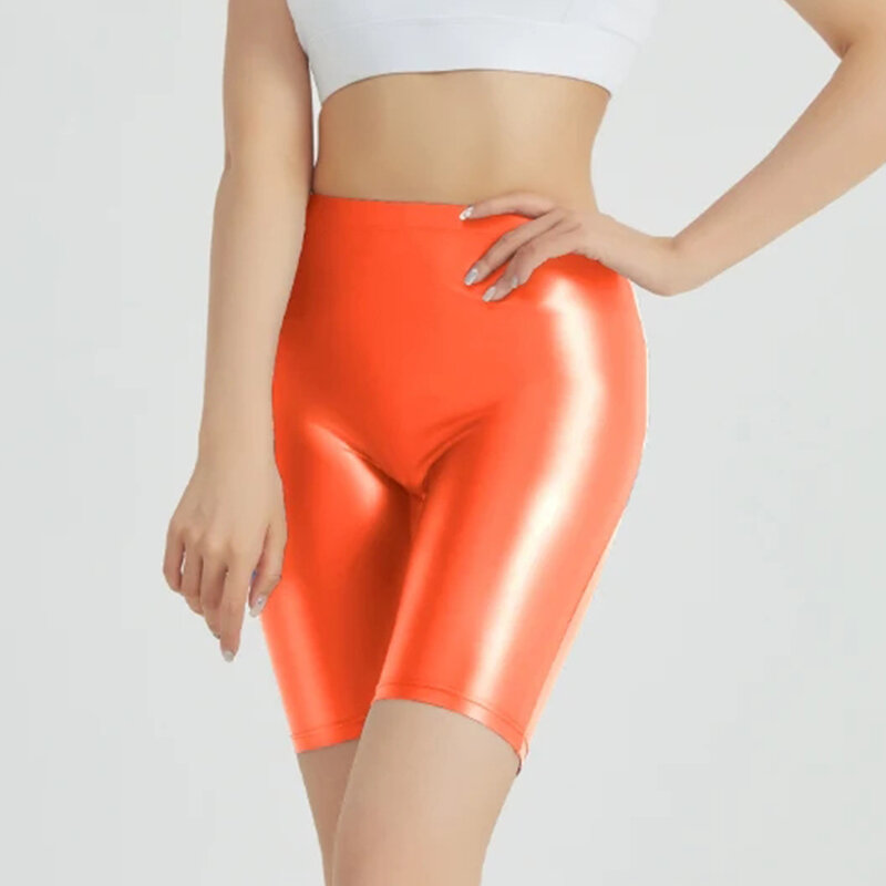 Shorts sexy de cetim brilhante para mulheres, cintura alta, fundo esportivo, curtos apertados, plus size, verão e primavera