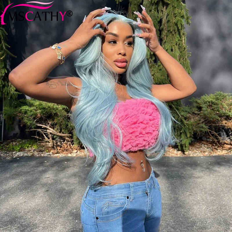 13x4 Light Blue Colored HD Transparent Lace Front Wigs for Women Loose Natural Wave Brazilian Virgin Human Hair Wig Preplucked