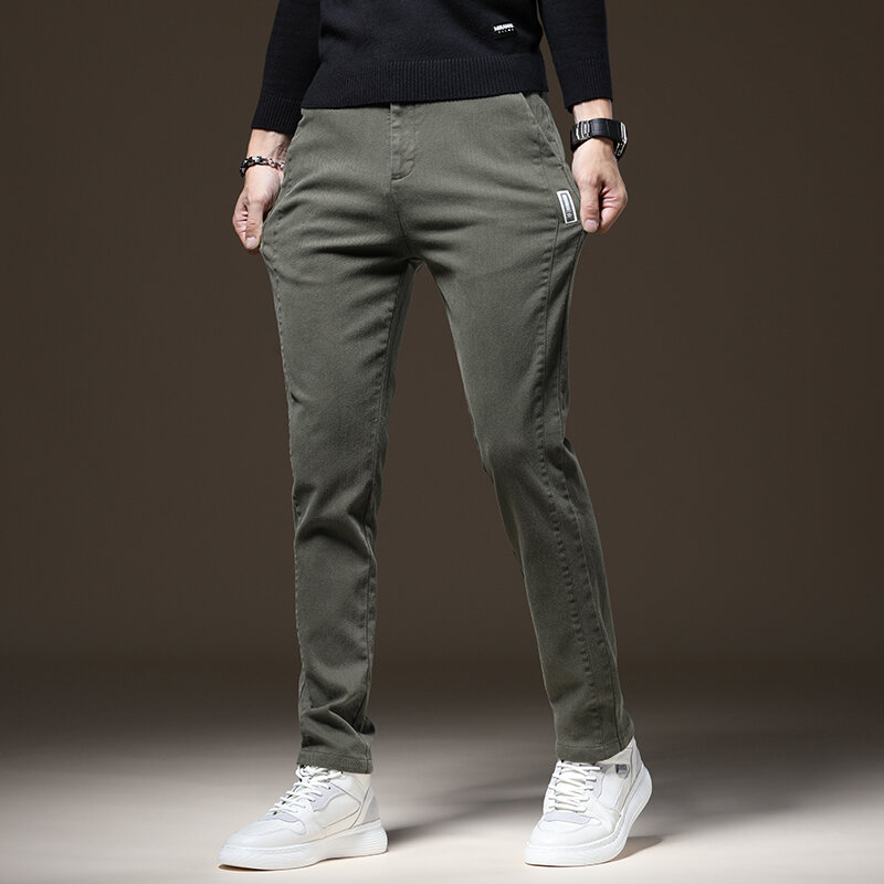 Fashion Casual Pants Men Cotton Slim Thin Twill Fabric Classic Style Business Casual Work Stretch Korea Trouser Male