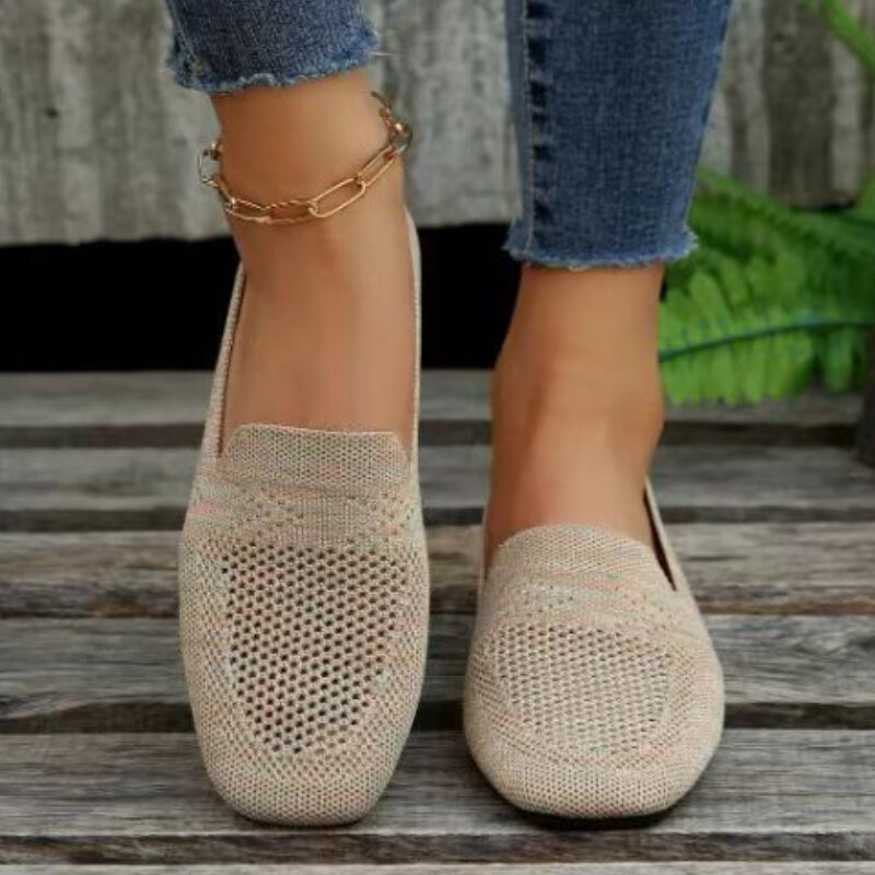 Mocassins de malha de toe quadrado para mulheres, sapatilhas rasas, fundo macio, sapatilhas de malha, sapato casual de barco, cor sólida, 2024
