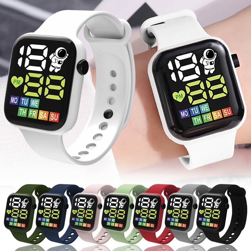 Children Trend Electronic Watch Display Week Outdoor Casual Sports Life Waterproof Watch Square Dial Silicone Strap Watches