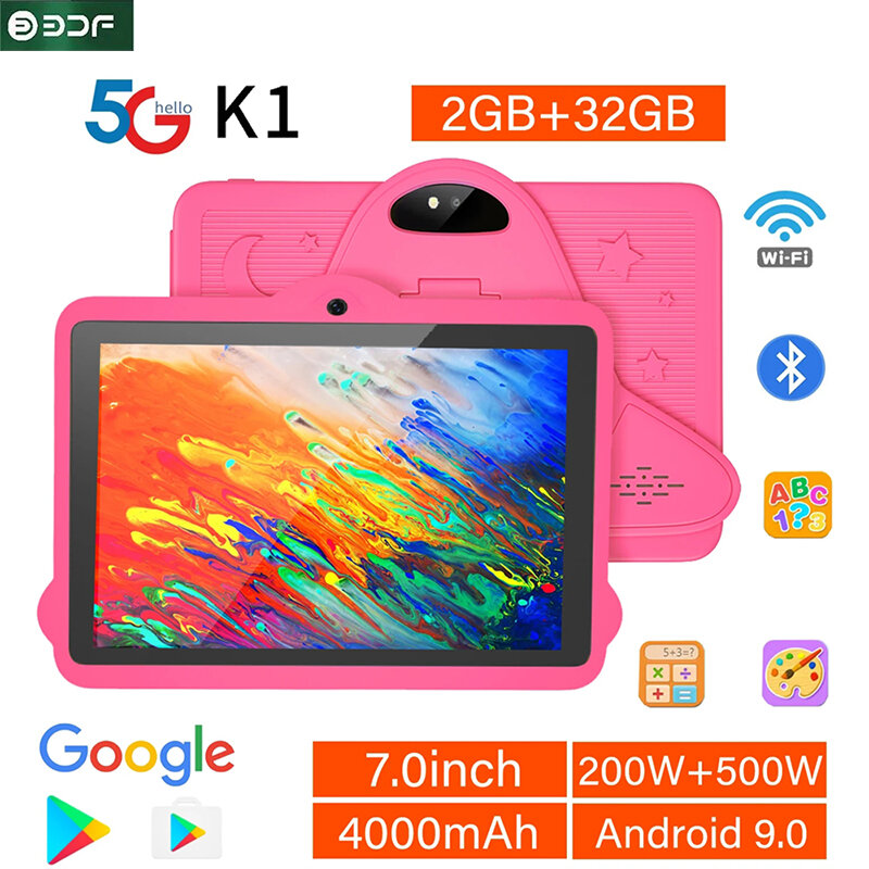 Tablet infantil Quad Core Android 9.0, 2GB + 32GB ROM, câmeras duplas, Bluetooth, 5G, Wi-Fi, aprendizagem, educação, jogo, PC, 7"