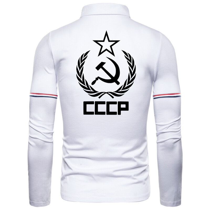 칼라 긴 소매 패션 폴로 셔츠 봄 가을 CCCP 프린트 남성 티셔츠, 캐주얼 칼라 패션 탑