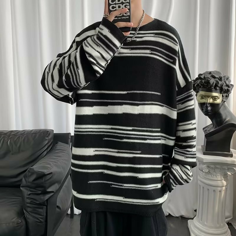 남성 세련된 불규칙한 니트, Ins 편안한 레이지 레저 새로운 라운드 넥 커플 스트라이프 스웨터 패션, 중국 스타일