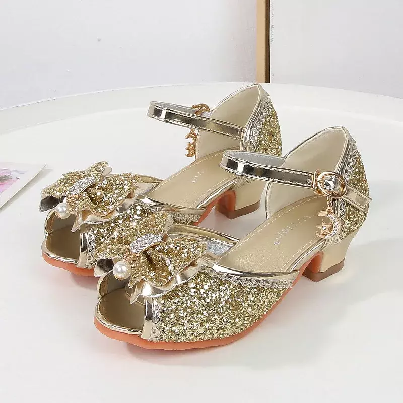 Sapatos de princesa com lantejoulas femininas, sandálias infantis, moda casamento, sandálias causais de salto alto, doce verão, 2022