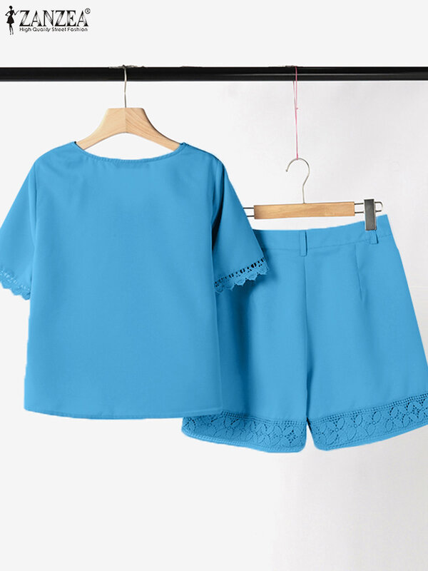 ZANZEA Fashion Solid Color Tracksuits Short Sleeve Top Lace Trim Summer Casual Short Sets Women High Waist Shorts 2pcs Outfits