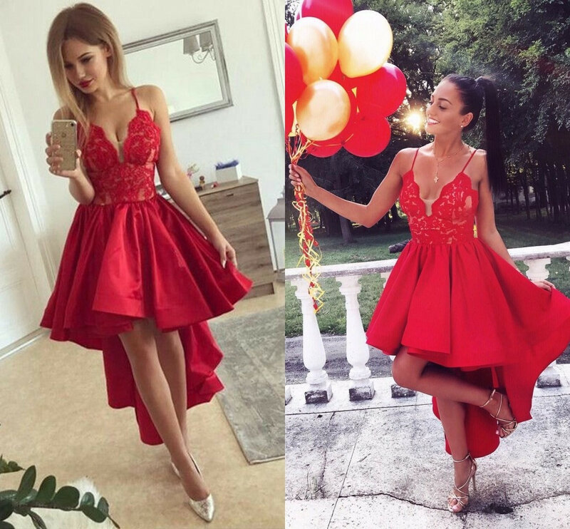 Gaun Homecoming Tinggi Rendah Tali Spaghetti dengan Gaun Koktail Satin Merah Leher V Applique Gaun Prom Panjang Depan Pendek
