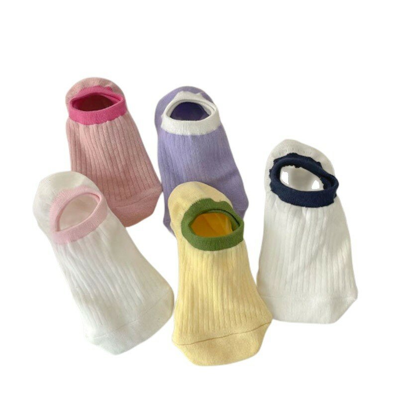 Meias invisíveis para mulheres, moda boca fresca, meias de costela de contraste, 5 pares, CZ108