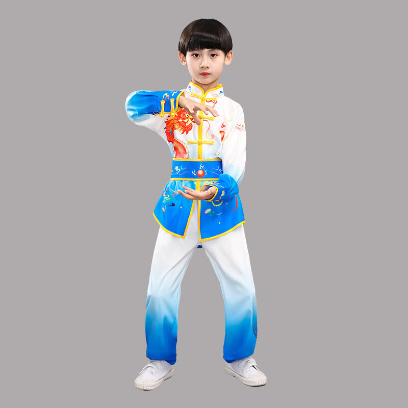 Kostum seni bela diri anak laki-laki dan perempuan baru menunjukkan latihan kompetisi kung fu group pakaian musim panas dan musim gugur