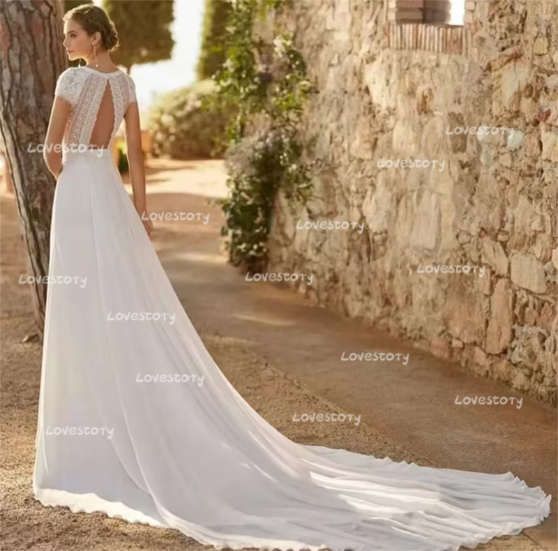 Elfenbein Spitze Satin Moderne Brautkleider Mit Abnehmbaren Zug V-ausschnitt Cap Sleeves Braut Kleider Plus Größe Cut-Out Vestidos de Noiva