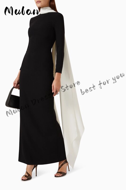 Gaun Prom lengan panjang hitam dengan syal gaun malam sederhana elegan panjang selutut gaun pesta acara Formal