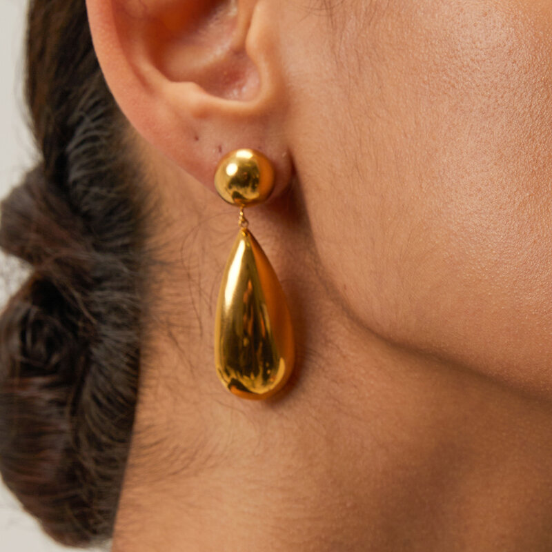 Pendientes geométricos de acero inoxidable chapados en oro de 18K para mujer, colgante de gota de agua de Hemisferio, joyería de oreja grande