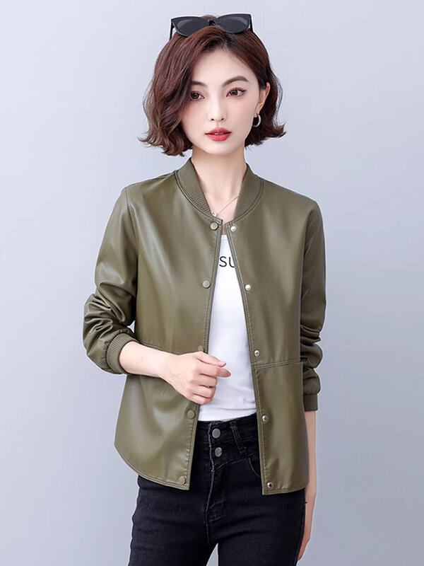 New Women Casual Leather Jacket Spring Autumn Fashion Patchwork Stand Collar Single Breasted Loose Short Coat Split Leather