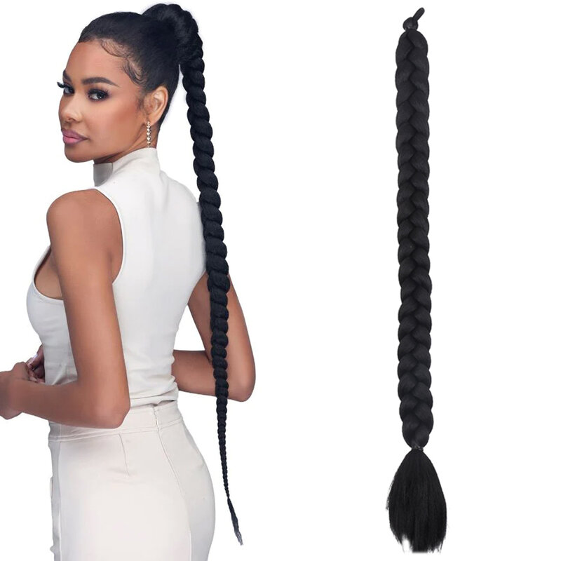 34inch Long Ponytail Extensions Synthetic Boxing Braid Hairpiece Drawstring Pony Tail Wig for Black Women Clip in
