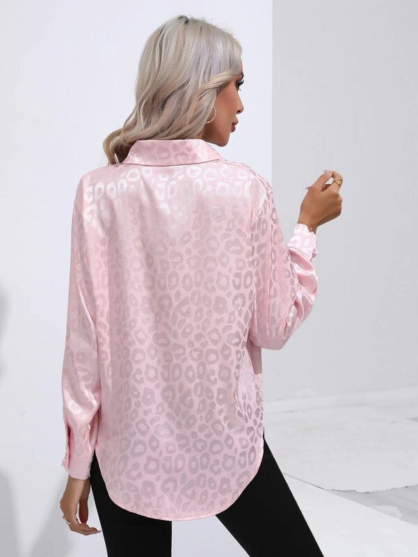 Camisa de cetim leopardo feminina, camisa solta de manga comprida com botão blusas de seda, nova primavera verão