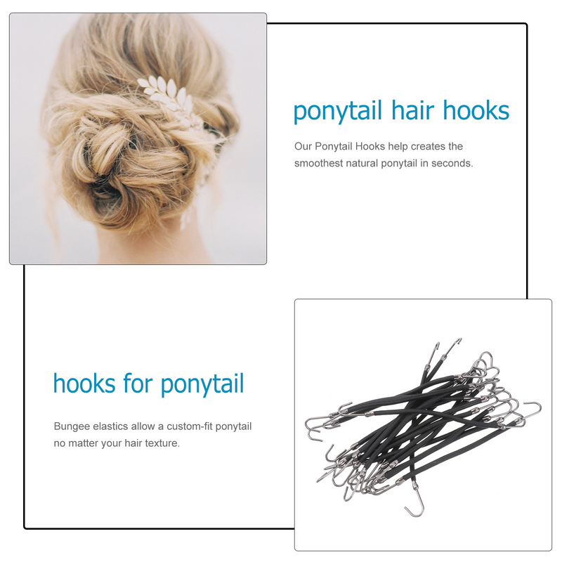 20Pcs Elastic Hook Hair Tie, Bungee Hair Ties with Hooks Gold Ponytail Hooks Elastic Bands for All Hair ( Black )