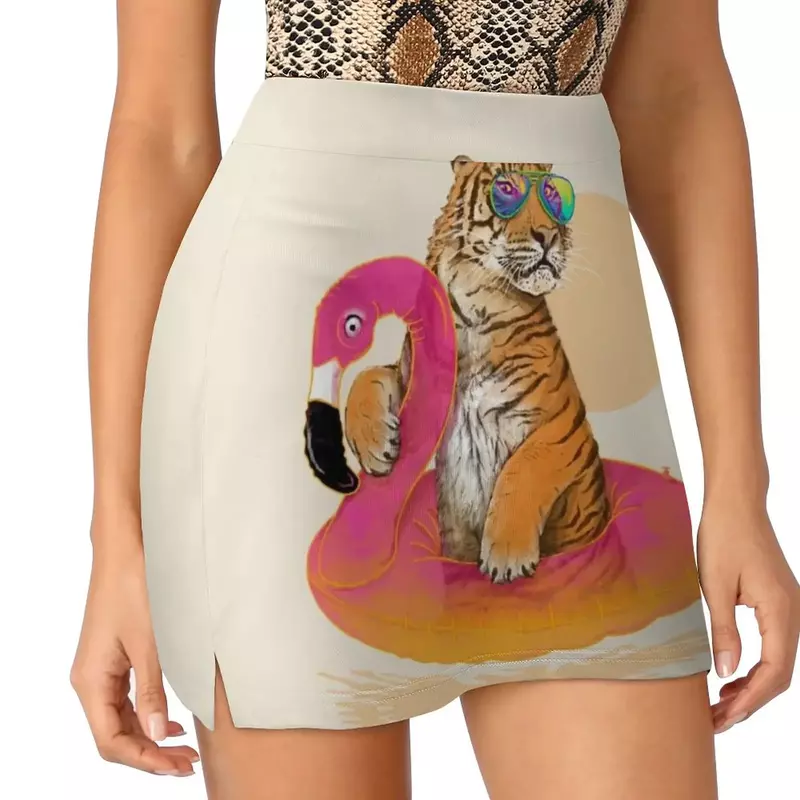 Mini-saia feminina Chillin flamingo e tigre, saia linha com bolso, gato, refrigeração solar, verão