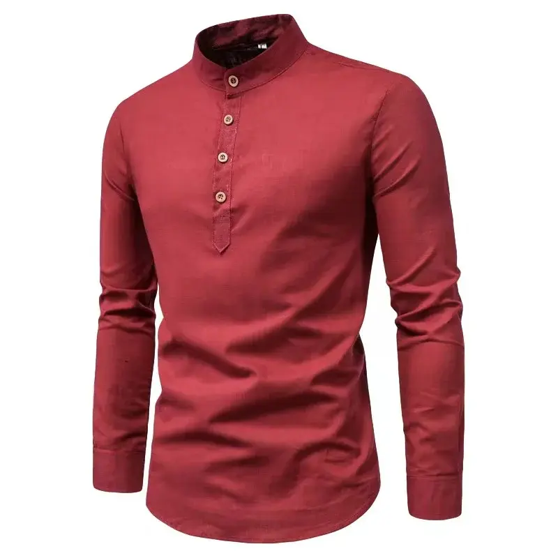 2023 Spring and Summer Cotton Linen Men's Pullover Button Stand Collar Shirt Casual Solid Color Comfortable and Breathable