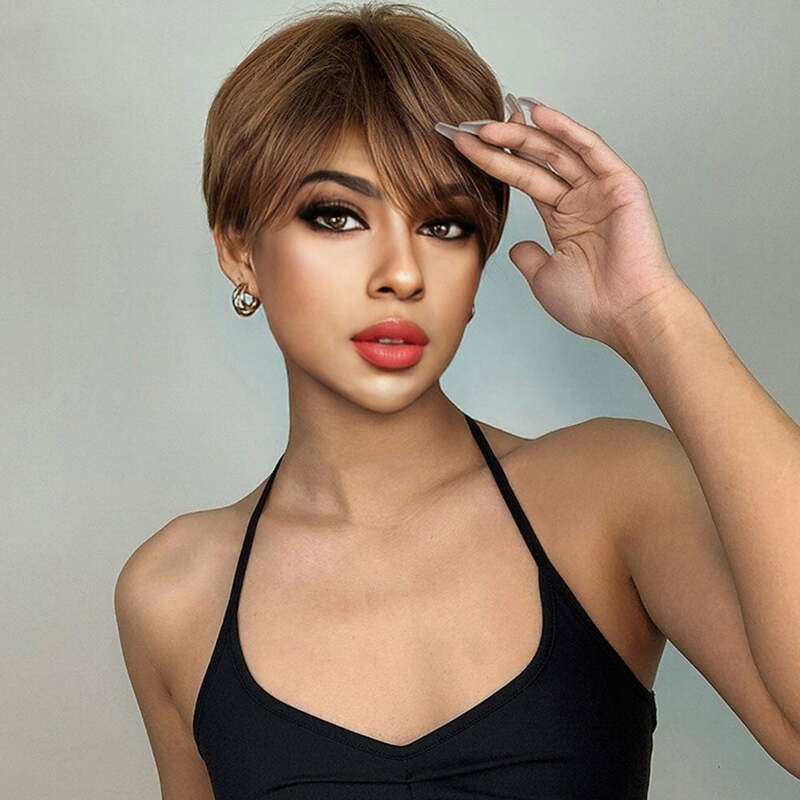 Short Pixie Cut Dark Brown Synthetic Wigs Natural Straight Layered Wig with Fluffy Bangs for Women Daily Heat Resistant Hair
