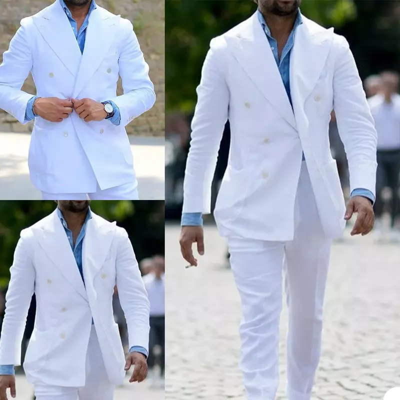 Terno de linho slim fit branco masculino, blazer casual de negócios, conjunto de 3 peças, fantasia inteligente, moda verão, alta qualidade