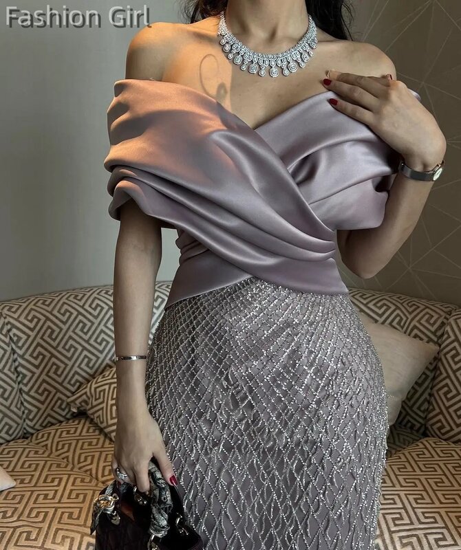 2023 Luxus Abendkleider klassische V-Ausschnitt schulter frei Perlen Abendkleid ärmellose Satin knöchel lange Plissee Abschluss ball Party