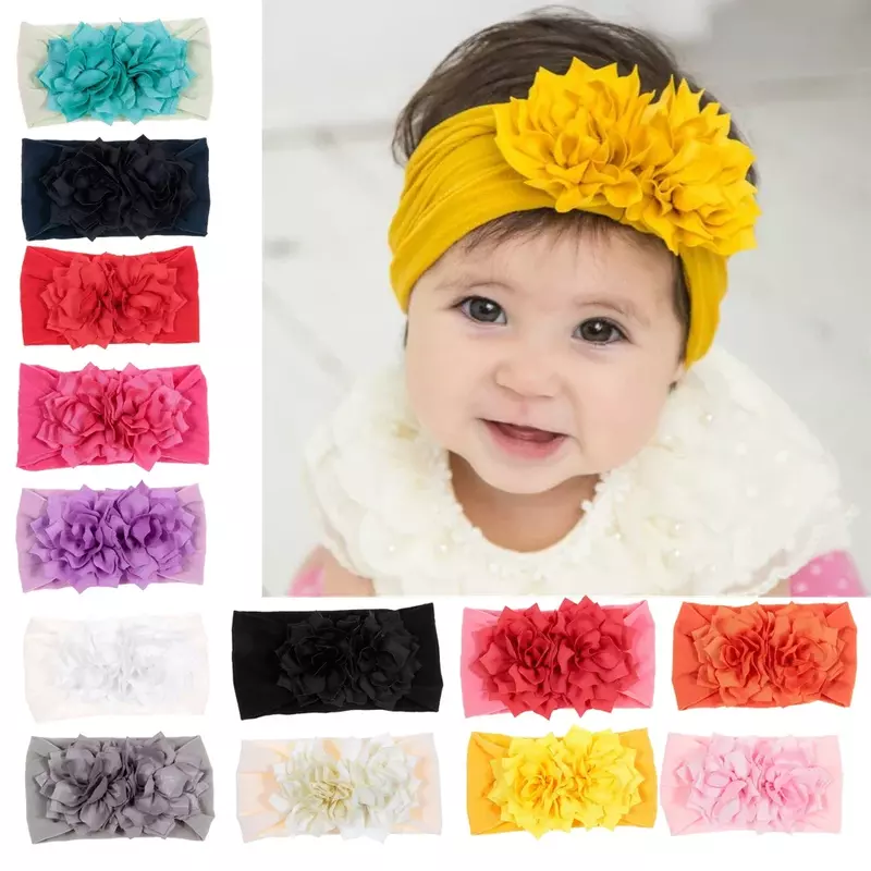 Elastic nylon headband com flor de lótus para o bebê, turbante para recém-nascido, acessórios de cabelo, presentes para crianças, 1 conjunto