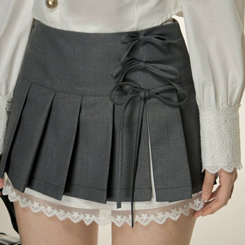 Deeptown Pleated Elegant Mini Skirt Shorts Women Korean Fashion Preppy Style Grey Lace Bow Short Skirts Patchwork Ruffle Skirt