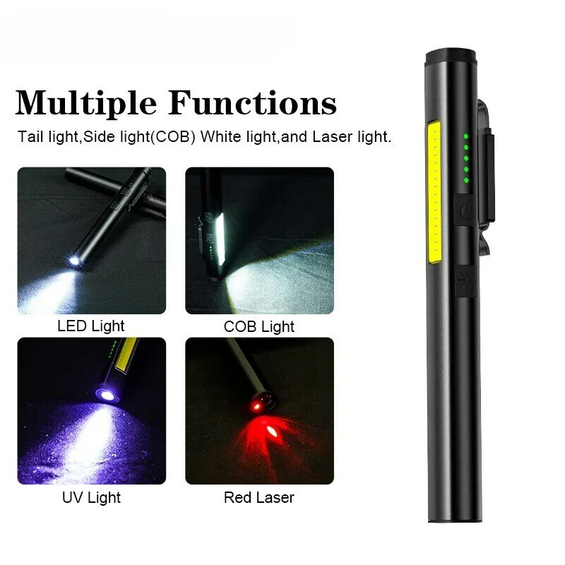 Linterna UV recargable por Usb 4 en 1(UV/LED/COB) multifuncional Mini LED 4 fuentes de luz bolígrafo Clip linterna con indicador