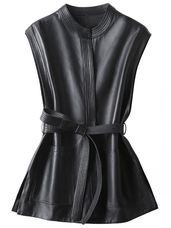Lautaro-Casaco sem mangas de couro PU preto feminino com cinto, colete elegante do escritório, marca de luxo, primavera e outono, 2022
