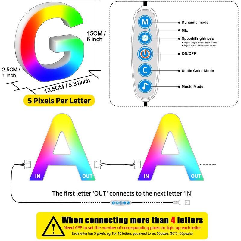 Alphabet Led Letter Light Colorful with Smart APP MeRGBW Music Sync Sign Light for Boy Girl Kids Gift Decor Night Light Letter G