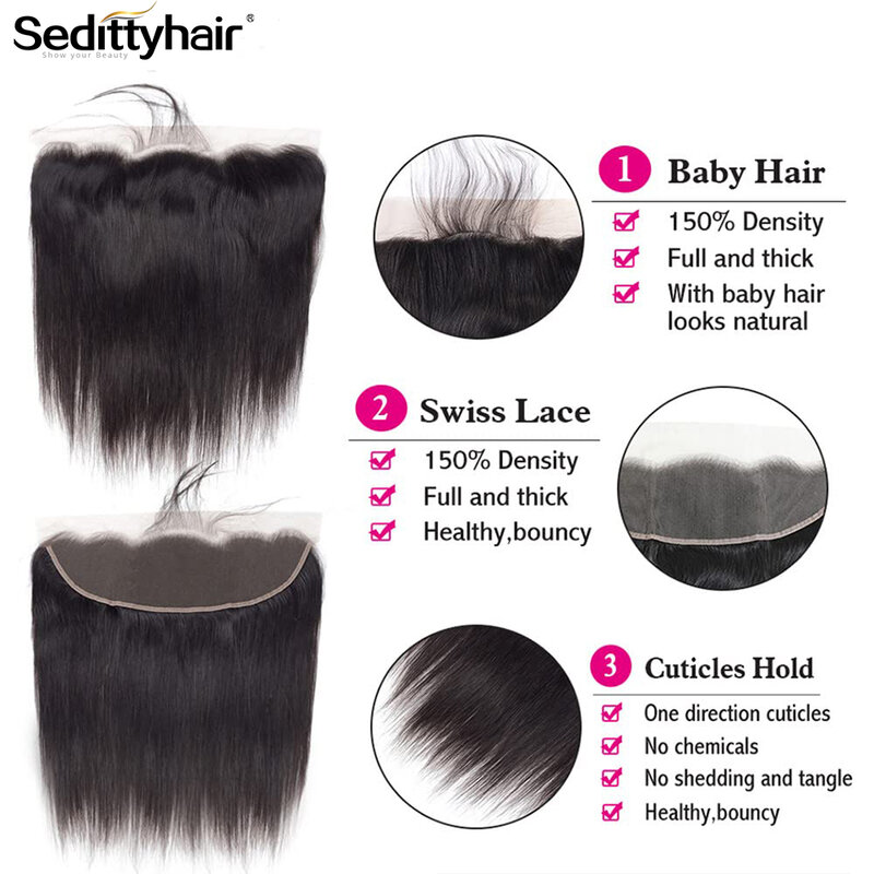 Pacotes retos do cabelo humano com laço frontal, cabelo Remy brasileiro, extensões naturais do cabelo, 10A, 36 dentro, 38 dentro, 40 dentro, 13x4