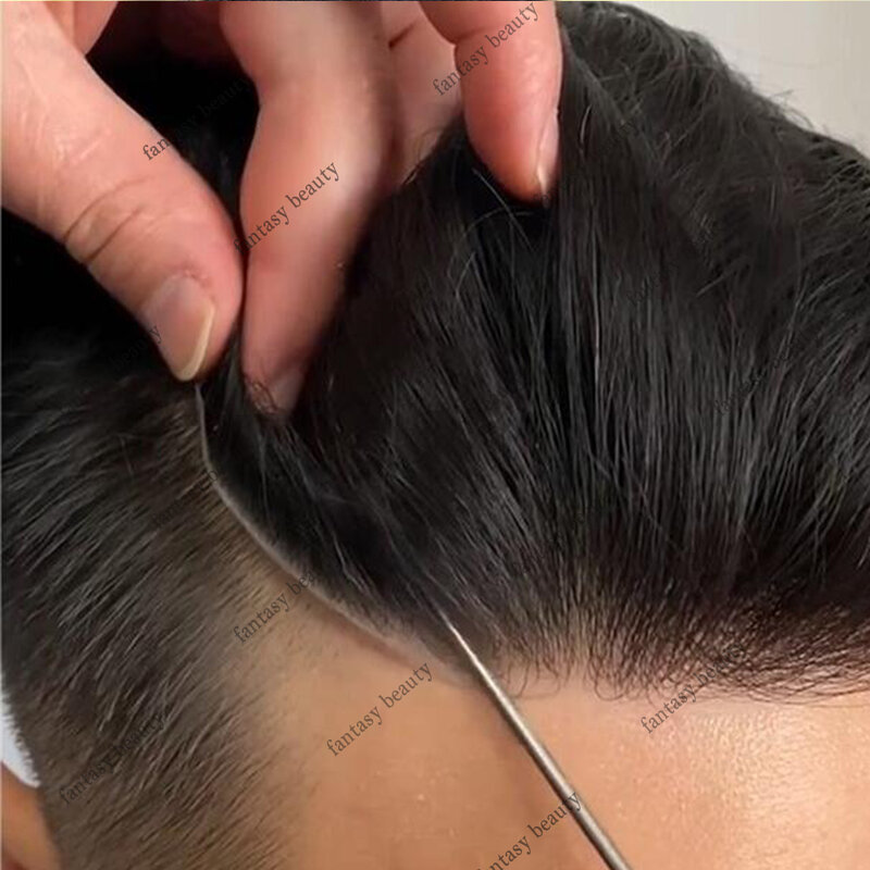 Duurzaam Menselijk Haar Haarstukken Dunne Huid Pu Vervanging Systeem Menselijk Haar Mannen Pruiken Natuurlijke Haarlijn Bruin Zwart Microskin Unit