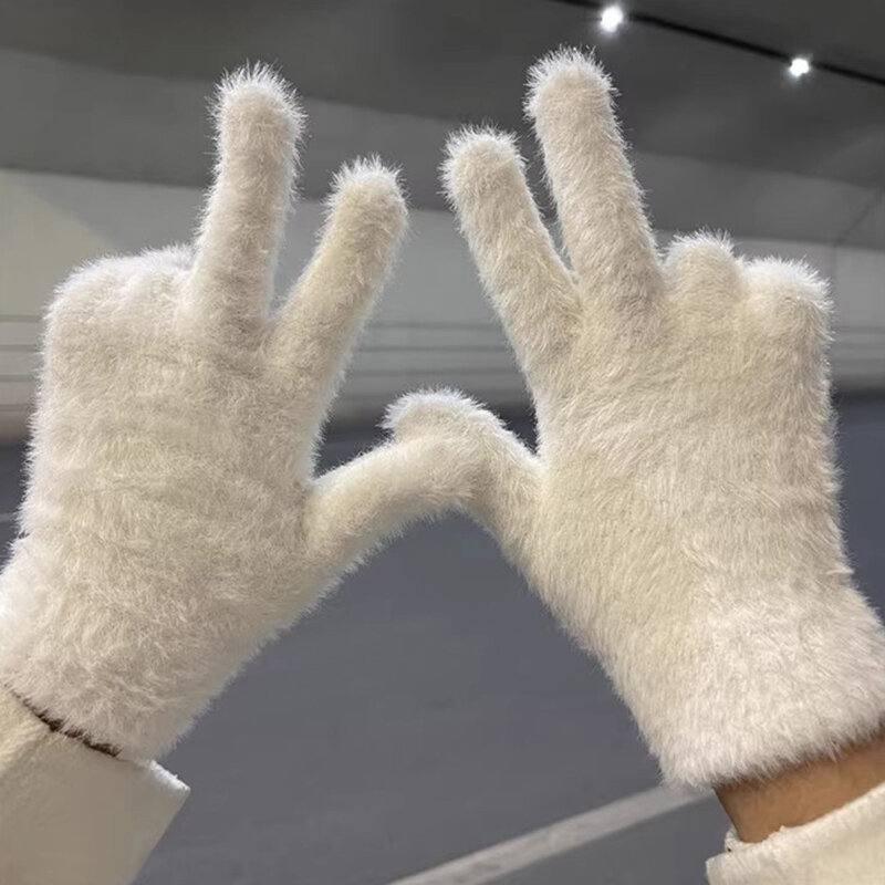 Sarung tangan INS Korea, sarung tangan Velvet koral nyaman tanpa jari berbulu warna polos serbaguna mewah tahan dingin