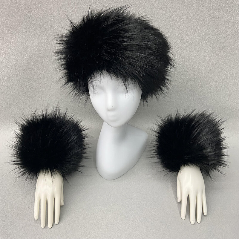 Women Fluffy Ring Scarves Cuffs Faux Fur Raccoon Detachable Fur Sleeve Winter Luxury Warm Fox Fur Scarf Wrist Cuffs Gloves Set