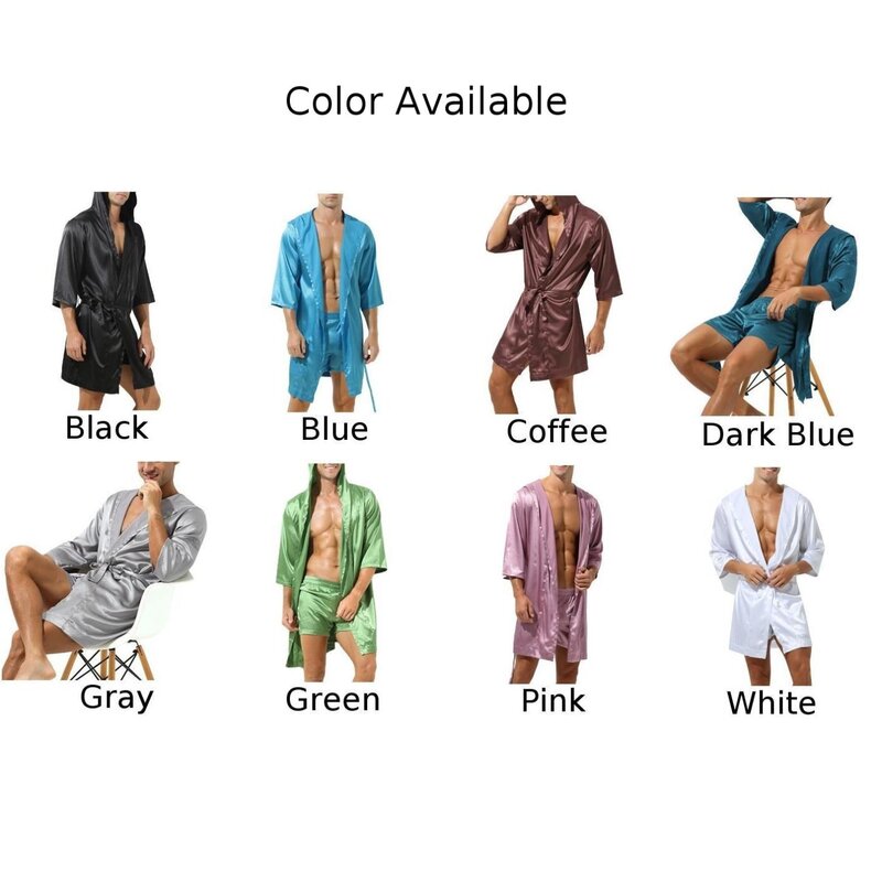 Men Bathrobe Pajamas Nightgown Hooded Loose Satin Silk Sleepwear Cardigan Gown Bath Robe Nightwear Sleep Bottoms 