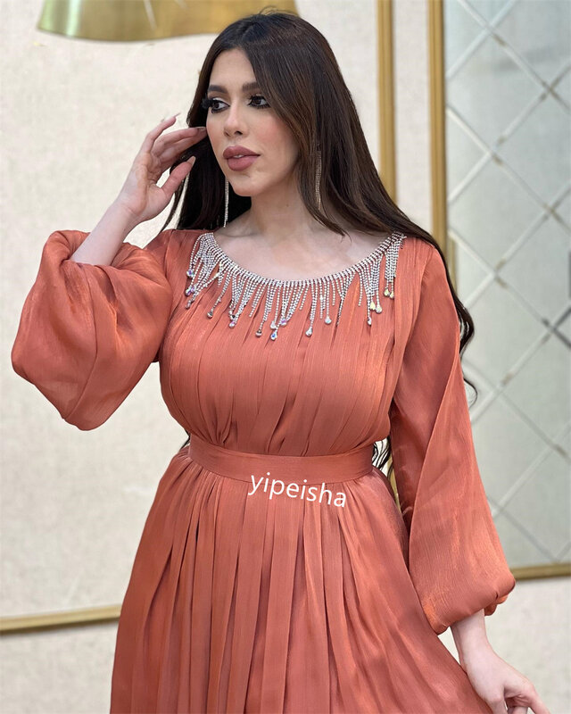 Jiayigong Jersey manik-manik rumbai wisuda A-line leher-o gaun acara Bespoke gaun Midi Gaun Arab Saudi