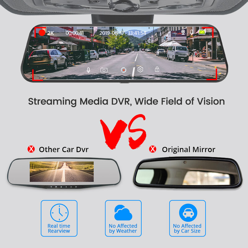 retroviseur voiture dashcam voiture dvr Caméra de tableau de bord et rétroviseur pour voiture, enregistreur vidéo à écran tactile, miroir avant et arrière, DVR, boîte noire