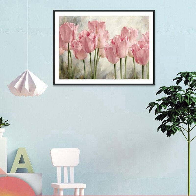 Peinture avec broderie de diamant, tulipe, image ronde complète de biscuits, décor à la maison