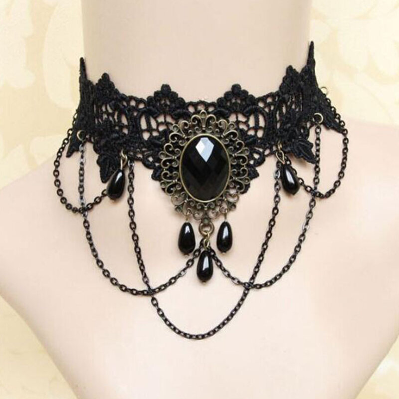 New 1PC Sexy Gothic Chokers Crystal Black Lace Neck Choker Necklace Vintage Victorian Women Chocker Steampunk Jewelry