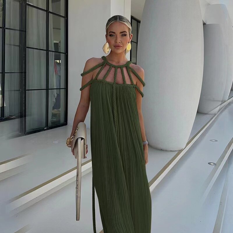 2024 Women Europe and The United States Spring and Summer New Off-the-shoulder Sexy Hanging Neck Loose Holiday Beach Dress Women