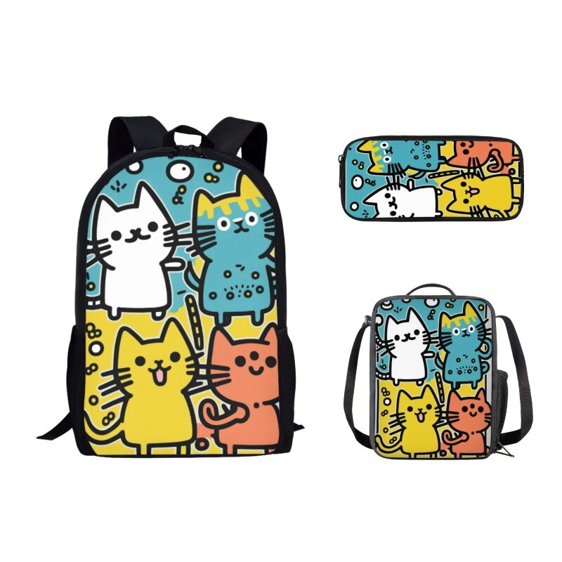3Pcs Cartoon Cat Illustration Print School Bag per adolescenti ragazzi ragazze zaino Lunch Bag Pencil Bag studente zaino Casual