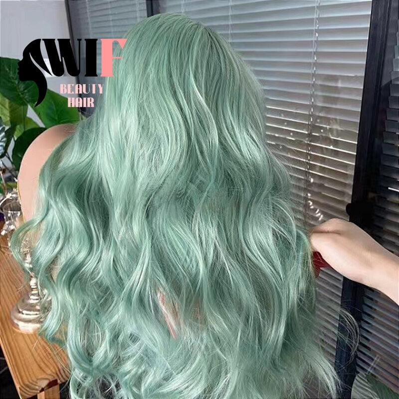 Wif Mint Green Body Wave synthetische Perücke für Frauen Cosplay verwenden natürlichen Haaransatz lange gewellte leimlose Spitze Front Perücken Mode Haar