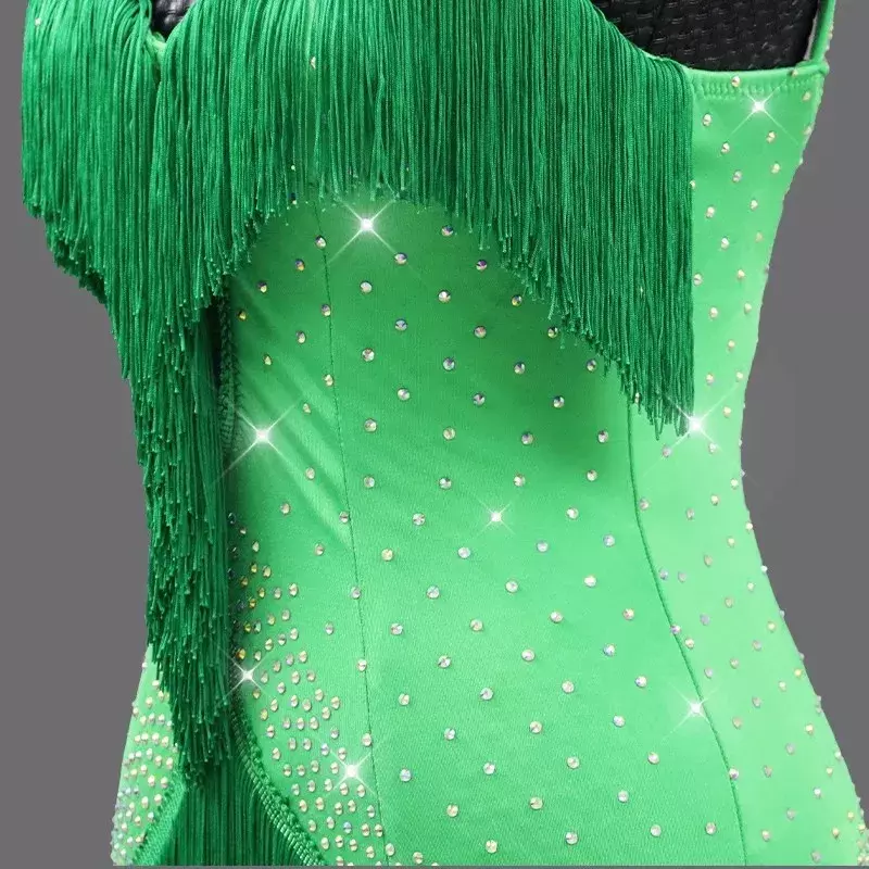 Zielona sukienka do tańca latynoskiego Sexy dla dorosłych występ na imprezie dla dzieci spódnice do ćwiczeń balowych strój na studniówkę damski kombinezon