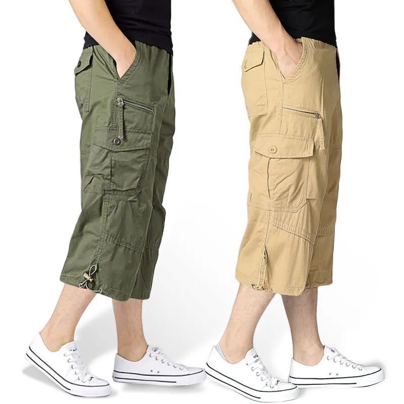 Шорты-карго мужские длинные, повседневные хлопковые эластичные брюки-Капри с несколькими карманами, военные тактические Короткие бриджи, 4XL Q387, на лето