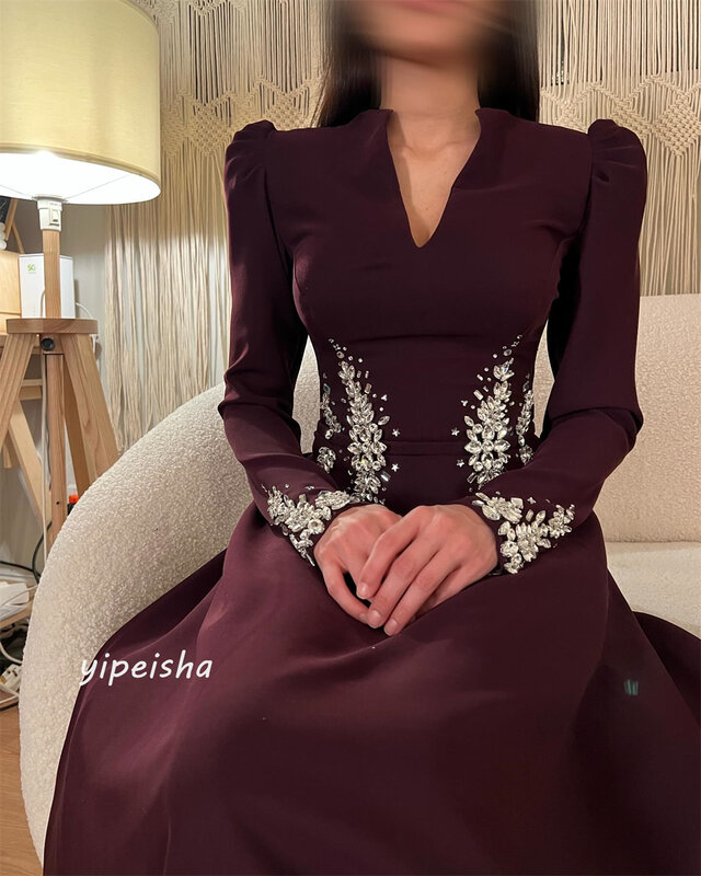 Ballkleid Abend Saudi-Arabien Trikot Perlen drapierte Falte Valentinstag A-Linie V-Ausschnitt maßge schneiderte Anlass Kleid lange Kleider